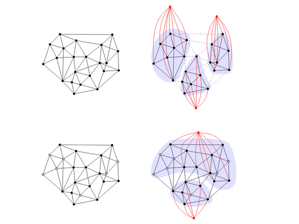 Eine Abbildung mit zwei Reihen von Diagrammen zeigt Graphen. In der linken Spalte sind zwei verschiedene unbeschriftete planare Graphen mit schwarzen und weißen Knoten sowie schwarzen Kanten dargestellt. In der rechten Spalte sind Transformationen oder Zerlegungen der entsprechenden Graphen aus der linken Spalte zu sehen, die zusätzliche rote Kanten und Schattierungen (hellblaue Ovale) enthalten und Gruppen von Knoten hervorheben – möglicherweise zur Veranschaulichung eines Konzepts wie Graphzerlegung oder Minorbildung in der Graphentheorie. (Darstellung: Yonggang Jiang)